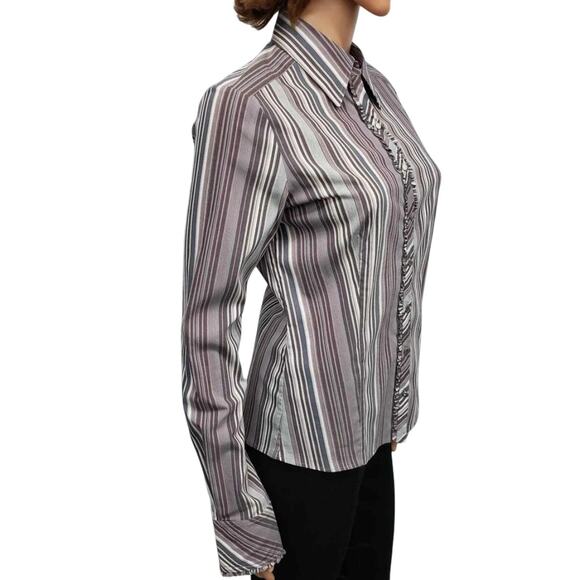 Elie Tahari Blouse Ruffled Front Cuffs S Button down Purple Multicolor Striped - Picture 6 of 12